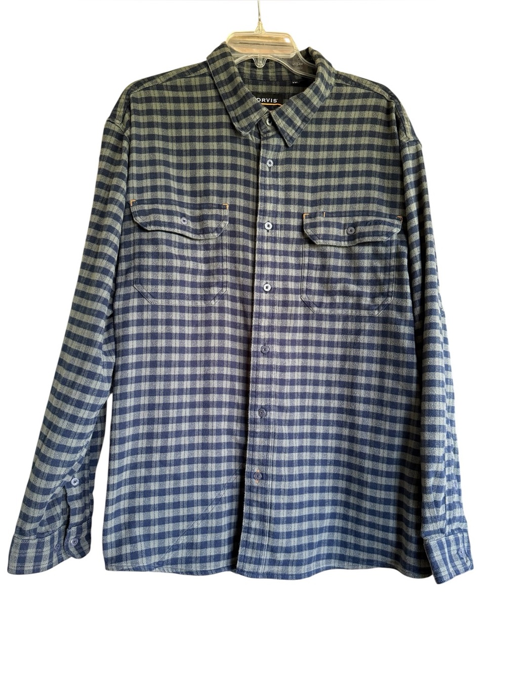 Orvis Mid Mountain Tech Flannel Shirt Juniper Navy Plaid XXL Stretch Model 3A8Z